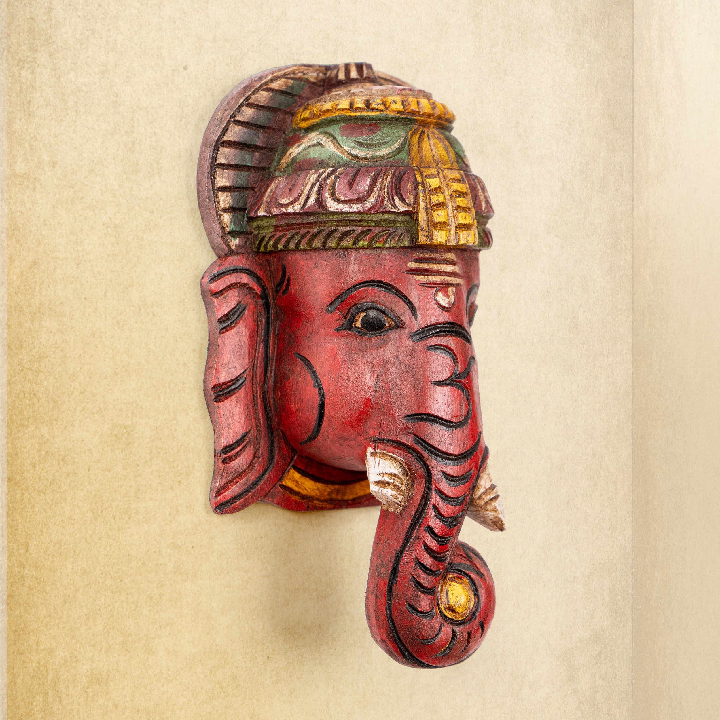 Pillaiyar - Hand Carved Wooden Wall Mask - Pink