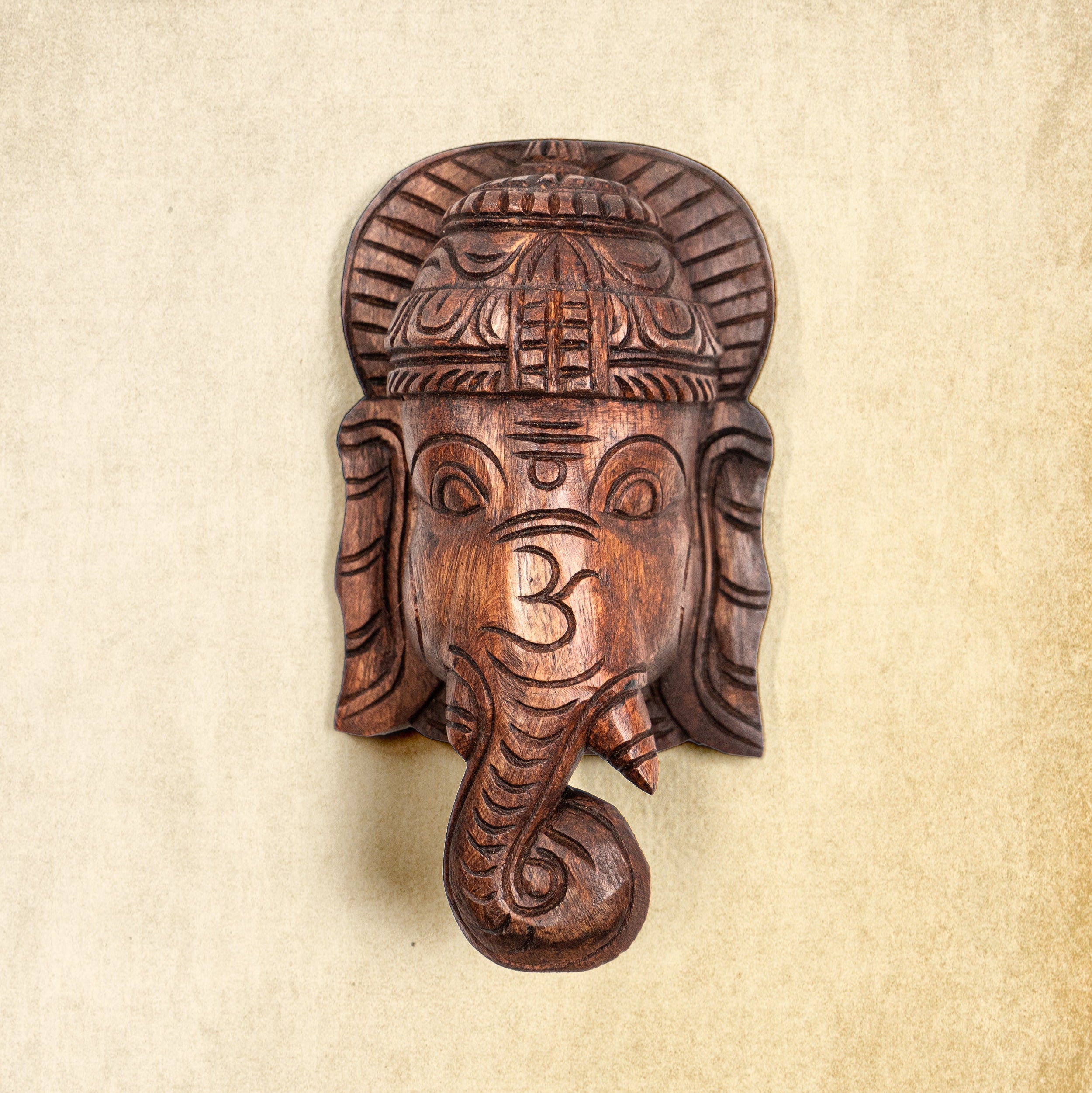 Pillaiyar - Hand Carved Wooden Wall Mask - Wood Finish