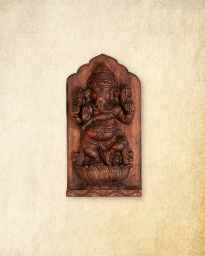 Brown Finish Hand Carved Wooden Ganesha on Lotus Wall Panel for Home & Pooja Decor