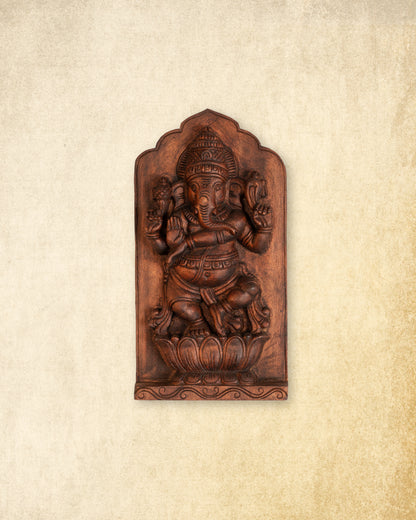 Ganesha on Lotus – Hand-Carved Wooden Wall Panel