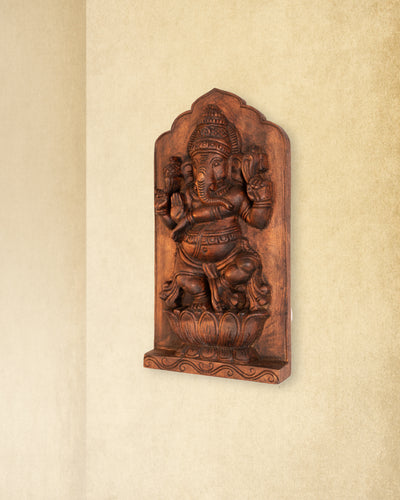Brown Finish Hand Carved Wooden Ganesha on Lotus Wall Panel for Home & Pooja Decor