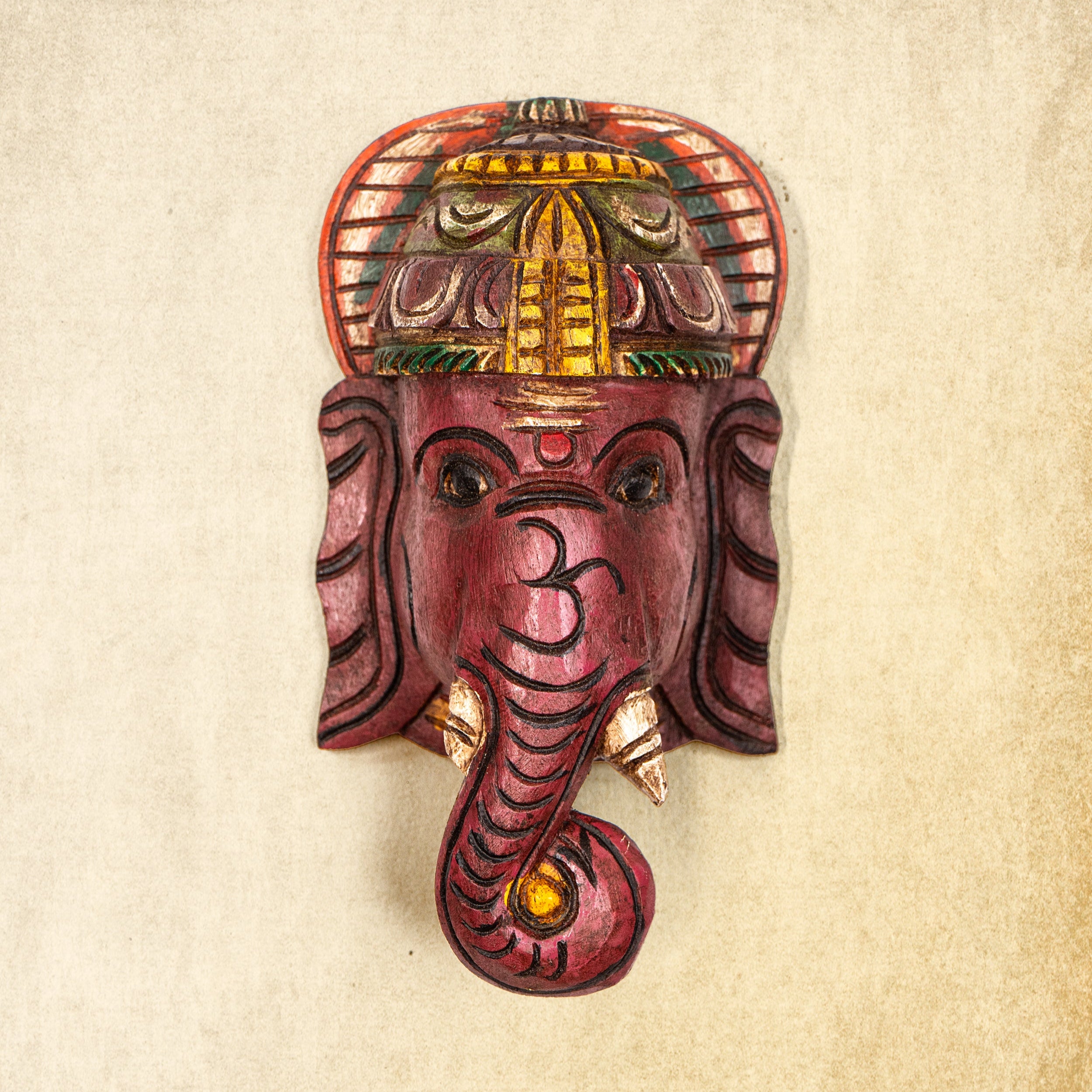 Pillaiyar - Hand Carved Wooden Wall Mask - Red