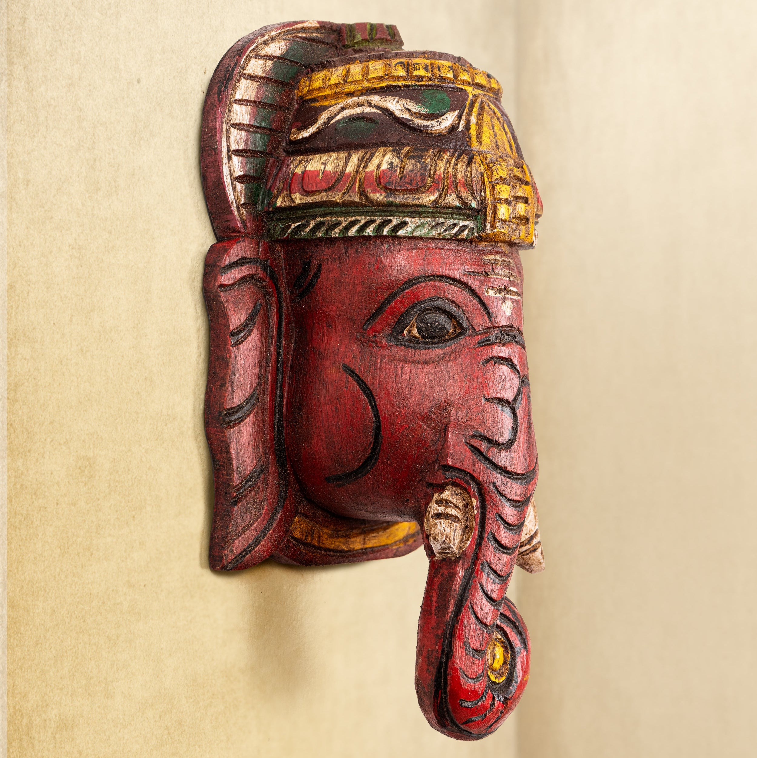 Pillaiyar - Hand Carved Wooden Wall Mask - Red