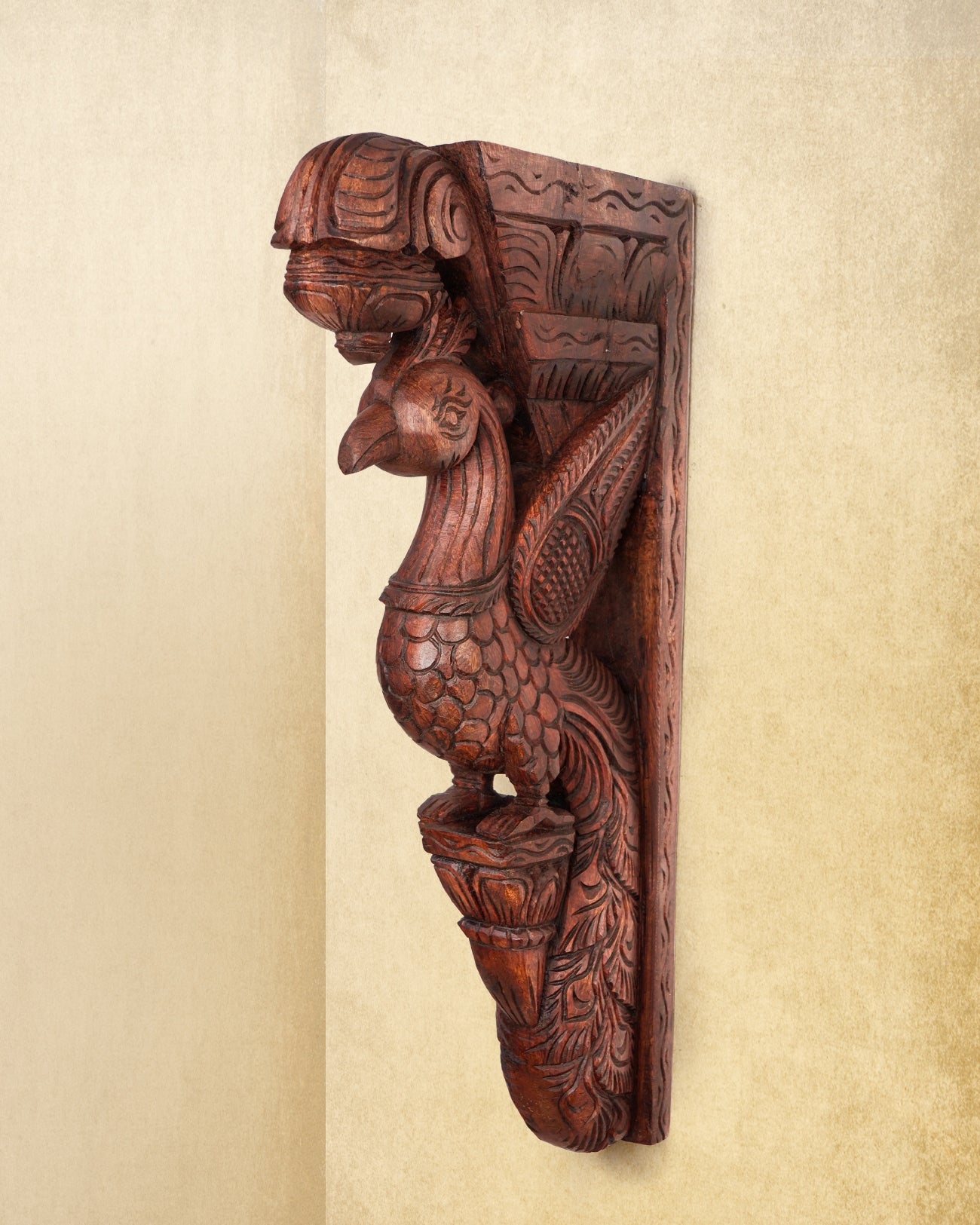 Peacock Hand Carved Wooden Ornamental Brackets - Big