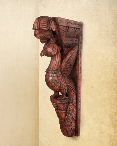 Large Hand Carved Wooden Peacock Wall Brackets in Vaagai/Teak Wood for Doorway & Home Decor