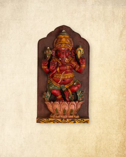 Ganesha on Lotus – Hand-Carved Wooden Wall Panel