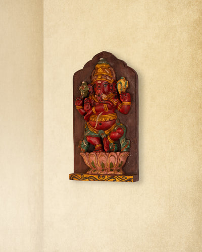 Colored Hand Carved Wooden Ganesha on Lotus Wall Panel for Home & Pooja Decor