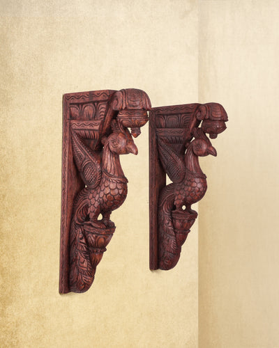 Large Hand Carved Wooden Peacock Wall Brackets in Vaagai/Teak Wood for Doorway & Home Decor