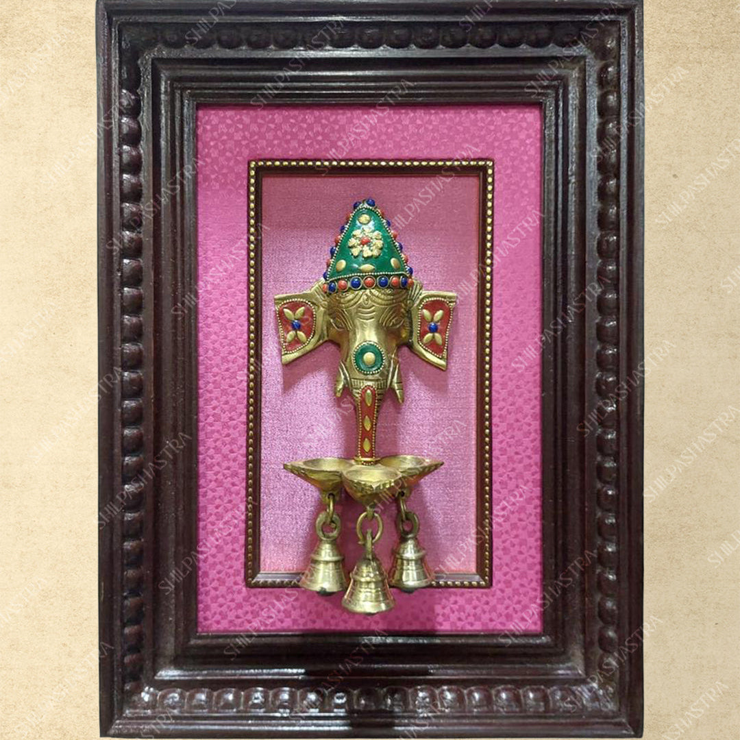 Brass Ganesha with Lamp & Bells in Manipuri Style Teakwood Vintage Frame Wall Decor for Home & Pooja (Size 12 In x 8 In)