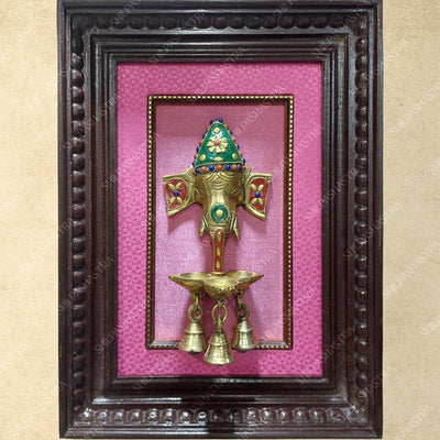 Gemstone Ganesha with Lamp and Bell In Manipuri Heritage Frame Wall Decor for Home & Pooja (Size 12 In x 8 In)