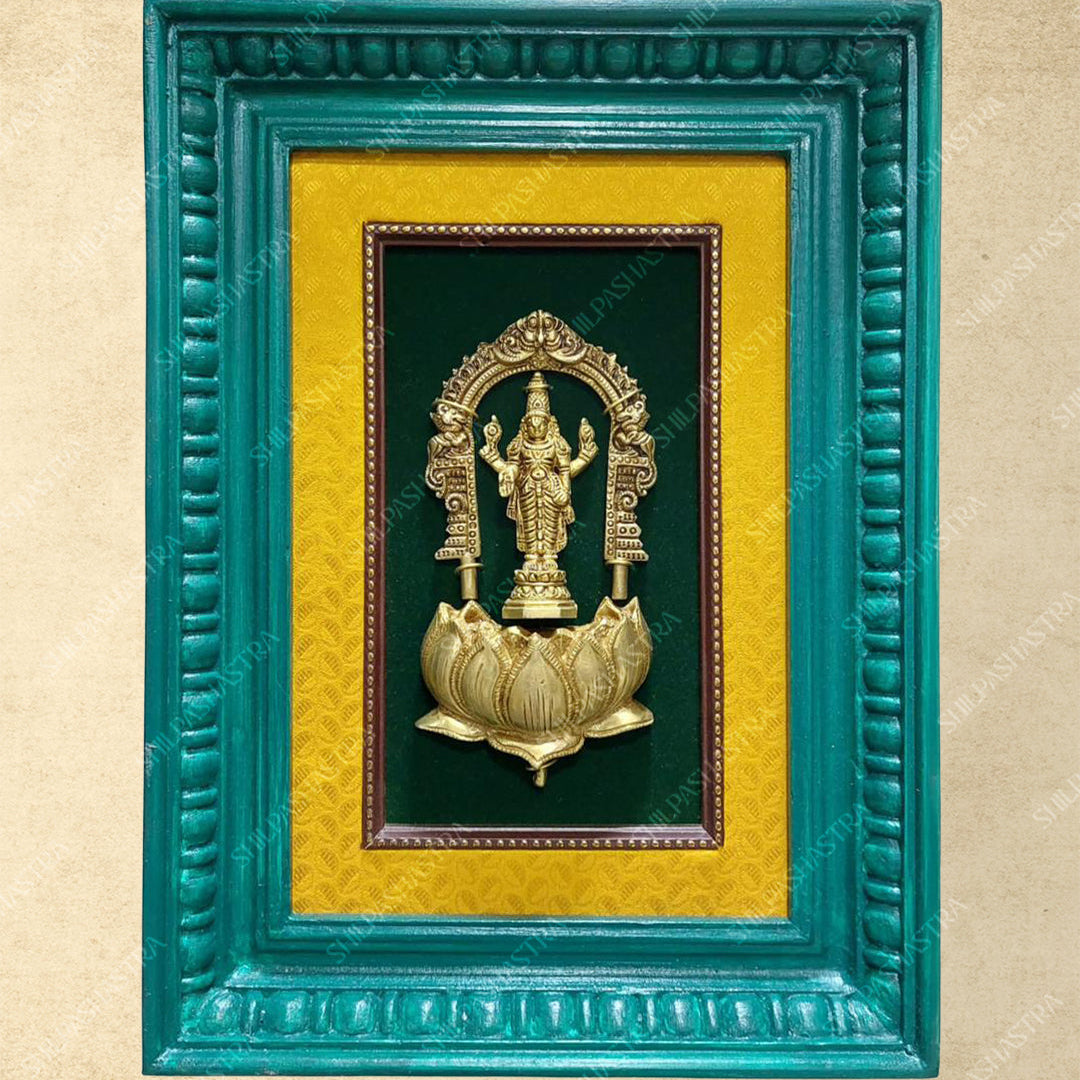 Brass Vishnu in Lotus in Manipuri Style Teakwood Vintage Frame Wall Decor for Home & Pooja (Size 12 In x 8 In)