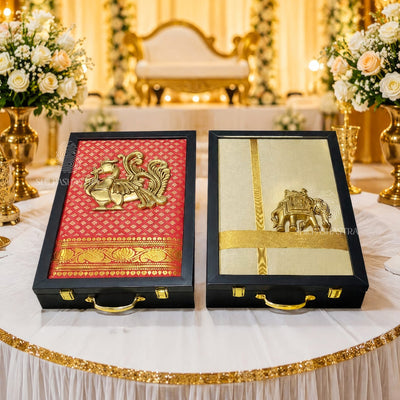 Red Brass Annam Saree & Ambari Veshti Box Combo
