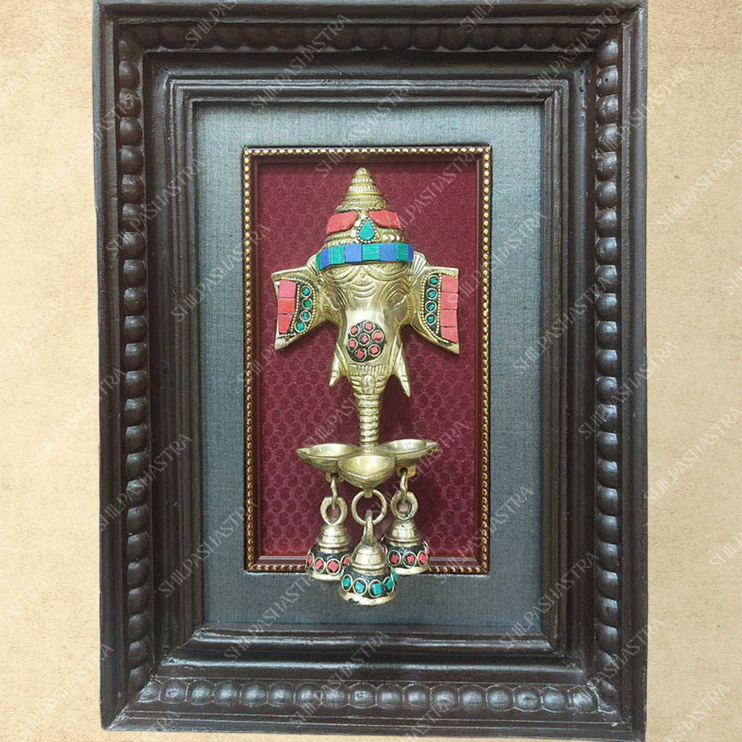 Brass Ganesha with Lamp & Bells in Manipuri Style Teakwood Vintage Frame Wall Decor for Home & Pooja (Size 12 In x 8 In)