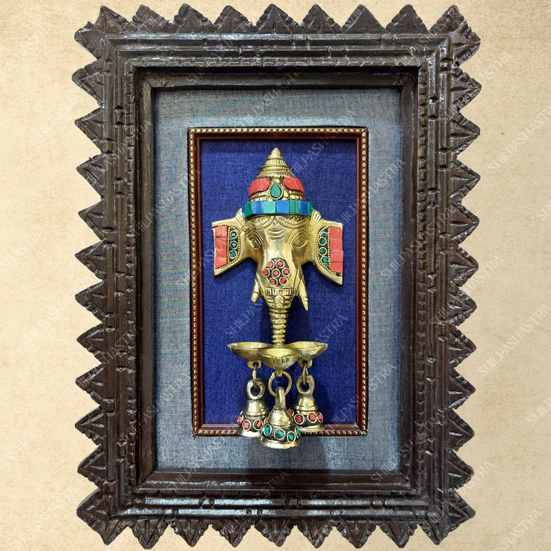 Brass Ganesha with Lamp & Bells in Manipuri Style Teakwood Vintage Frame Wall Decor for Home & Pooja (Size 12 In x 8 In)