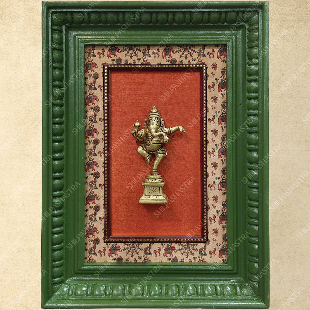 Brass Dancing Ganesha in Manipuri Style Teakwood Vintage Frame Wall Decor for Home & Pooja (Size 10 In x 8 In)