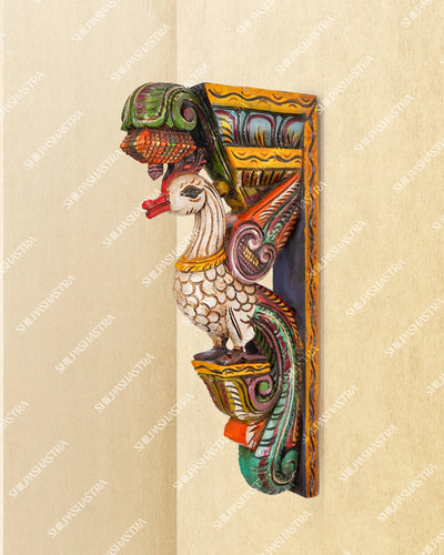 Large Hand Carved Vaagai Wood Swan Wall Brackets in Colorful Temple Style for Home Decor