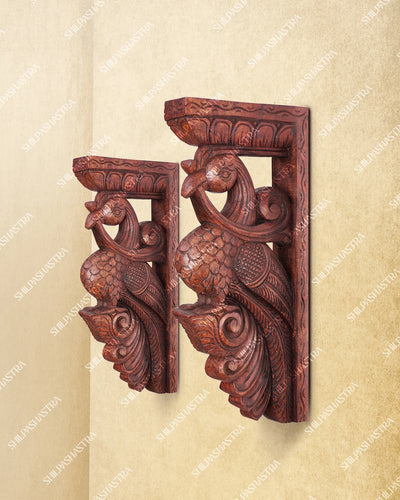 Large Hand Carved Wooden Parrot Wall Brackets in Rosewood Finish for Doorway & Home Decor