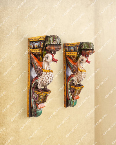 Large Hand Carved Vaagai Wood Swan Wall Brackets in Colorful Temple Style for Home Decor