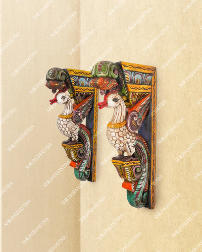 Large Hand Carved Vaagai Wood Swan Wall Brackets in Colorful Temple Style for Home Decor