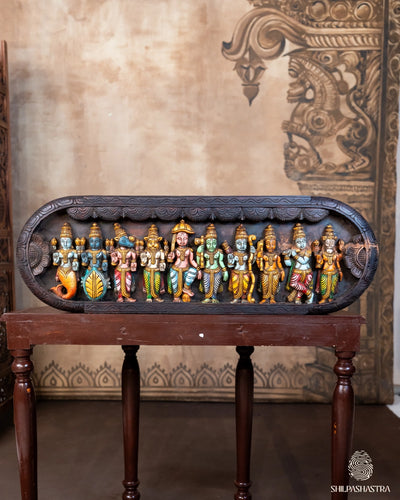 Hand Carved Wooden Dasavatharam Wall Panel of Lord Vishnu for Home & Pooja Decor