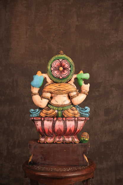 Ganesha on Lotus with Mouse – Hand-Carved Wooden Seated Idol