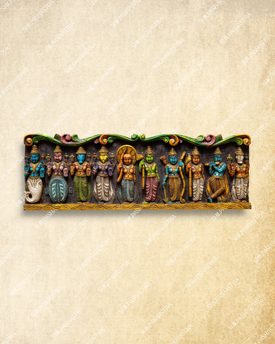Hand Carved Wooden Dasavatharam Wall Panel of Lord Vishnu for Home & Pooja Decor
