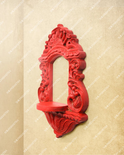 Hand Carved Red Wooden Mirror Frame Wall Panel for Home Decor
