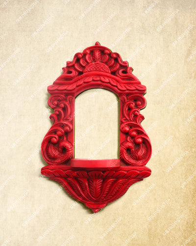 Hand Carved Red Wooden Mirror Frame Wall Panel for Home Decor
