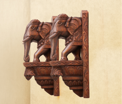 Medium Hand Carved Wooden Elephant Wall Brackets in Teak Wood for Doorway & Home Decor