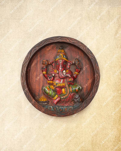 Hand Carved Wooden Ganesha (Pillayar) on Circular Base Wall Panel for Home & Pooja Decor