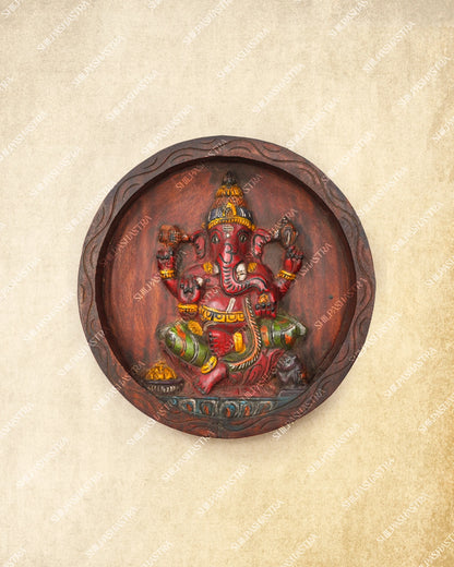 Ganesha on Circular Base Handcrafted Wooden Wall Panel