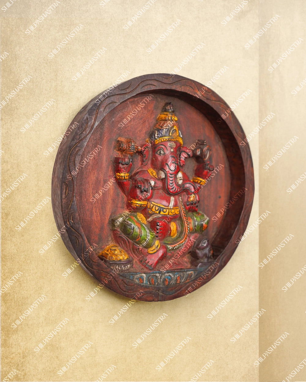 Ganesha on Circular Base Handcrafted Wooden Wall Panel