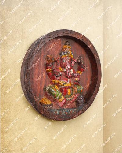 Hand Carved Wooden Ganesha (Pillayar) on Circular Base Wall Panel for Home & Pooja Decor