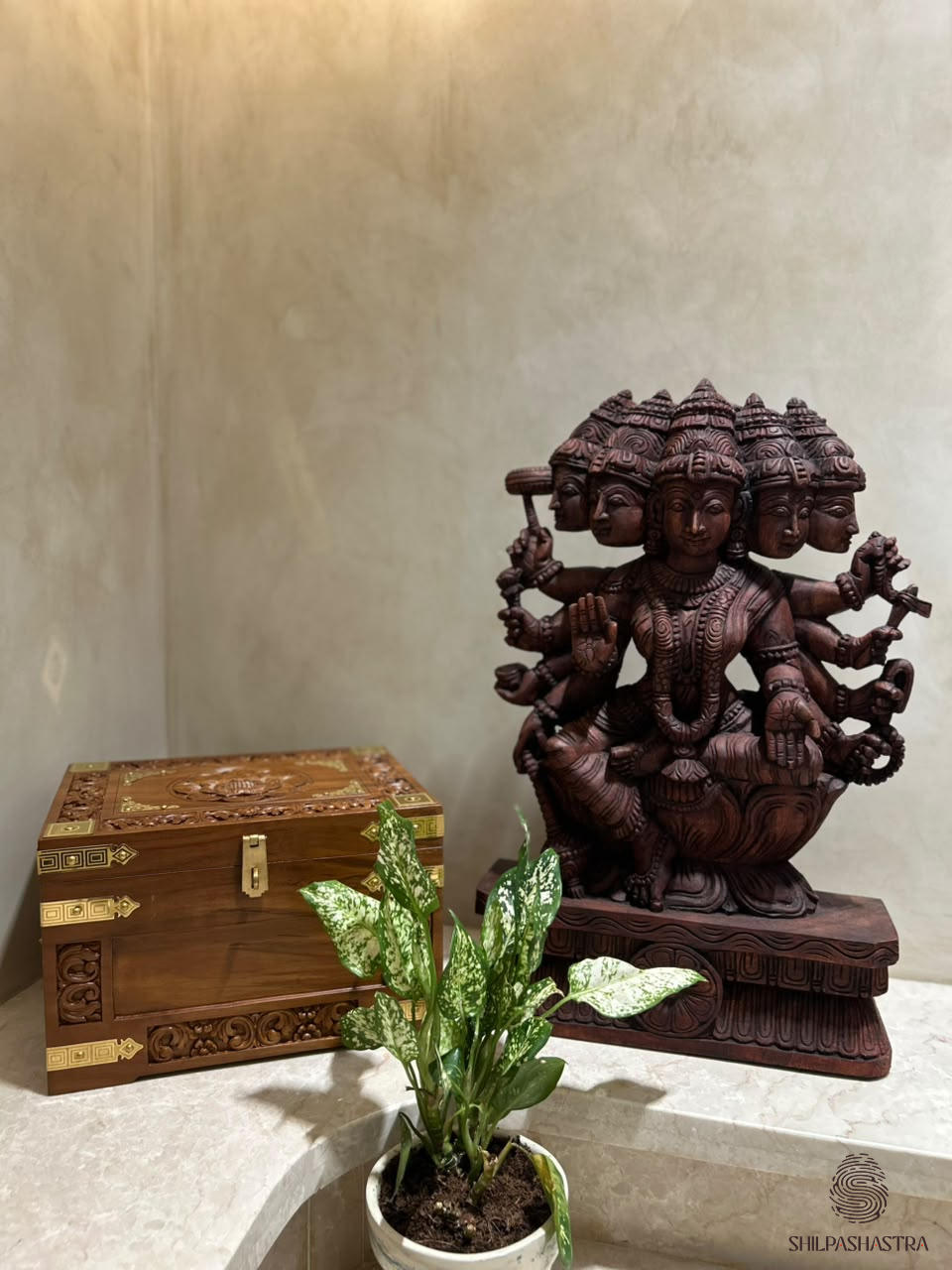 2-Feet Handcrafted Wooden Idol - Panchamukhi Gayatri Devi