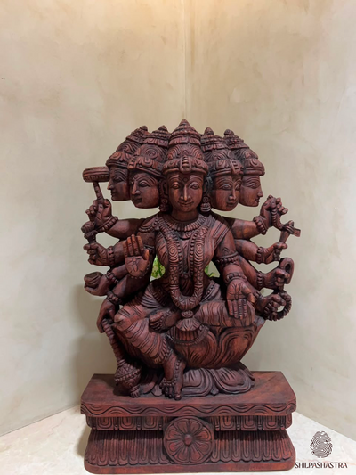 2-Feet Handcrafted Wooden Idol - Panchamukhi Gayatri Devi