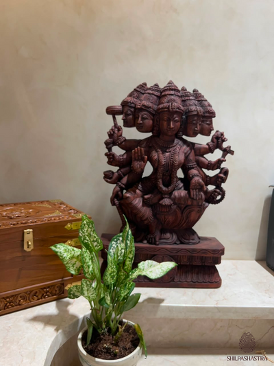 2-Feet Handcrafted Wooden Idol - Panchamukhi Gayatri Devi