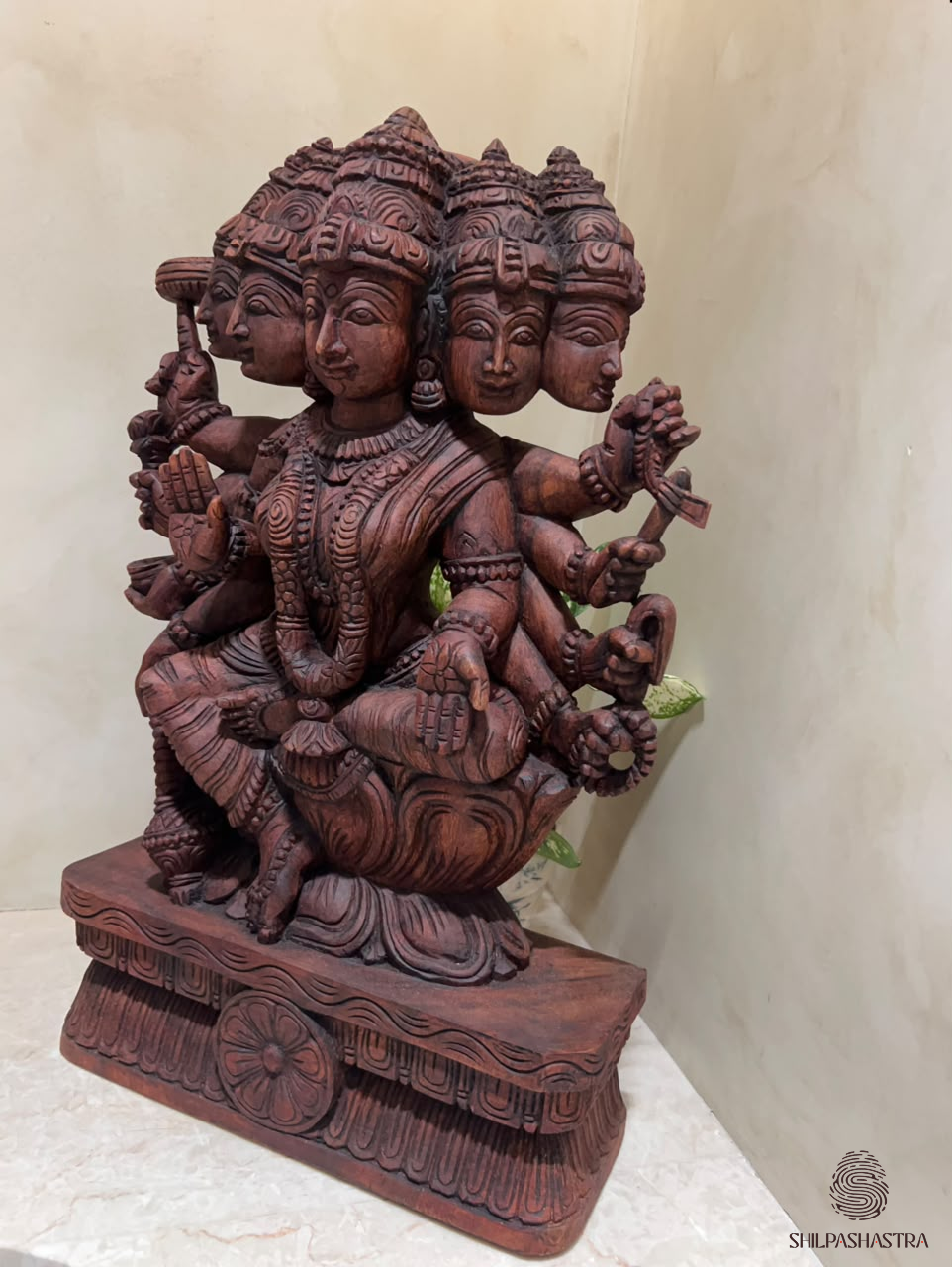 2-Feet Handcrafted Wooden Idol - Panchamukhi Gayatri Devi