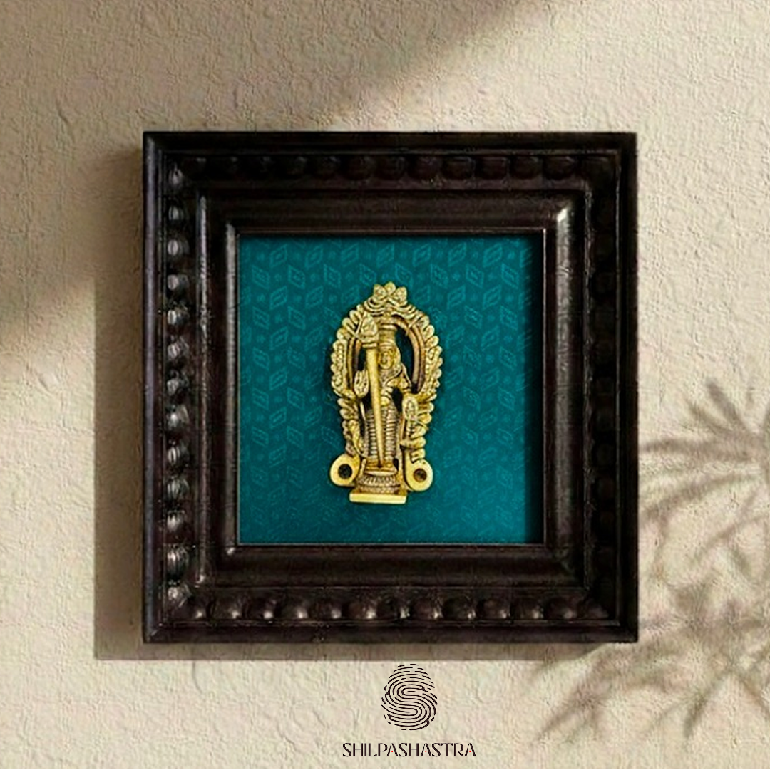 Brass Vel Murugan Idol in Premium Teakwood Frame Wall Decor for Home & Pooja Room (Size 6 In x 6 In)