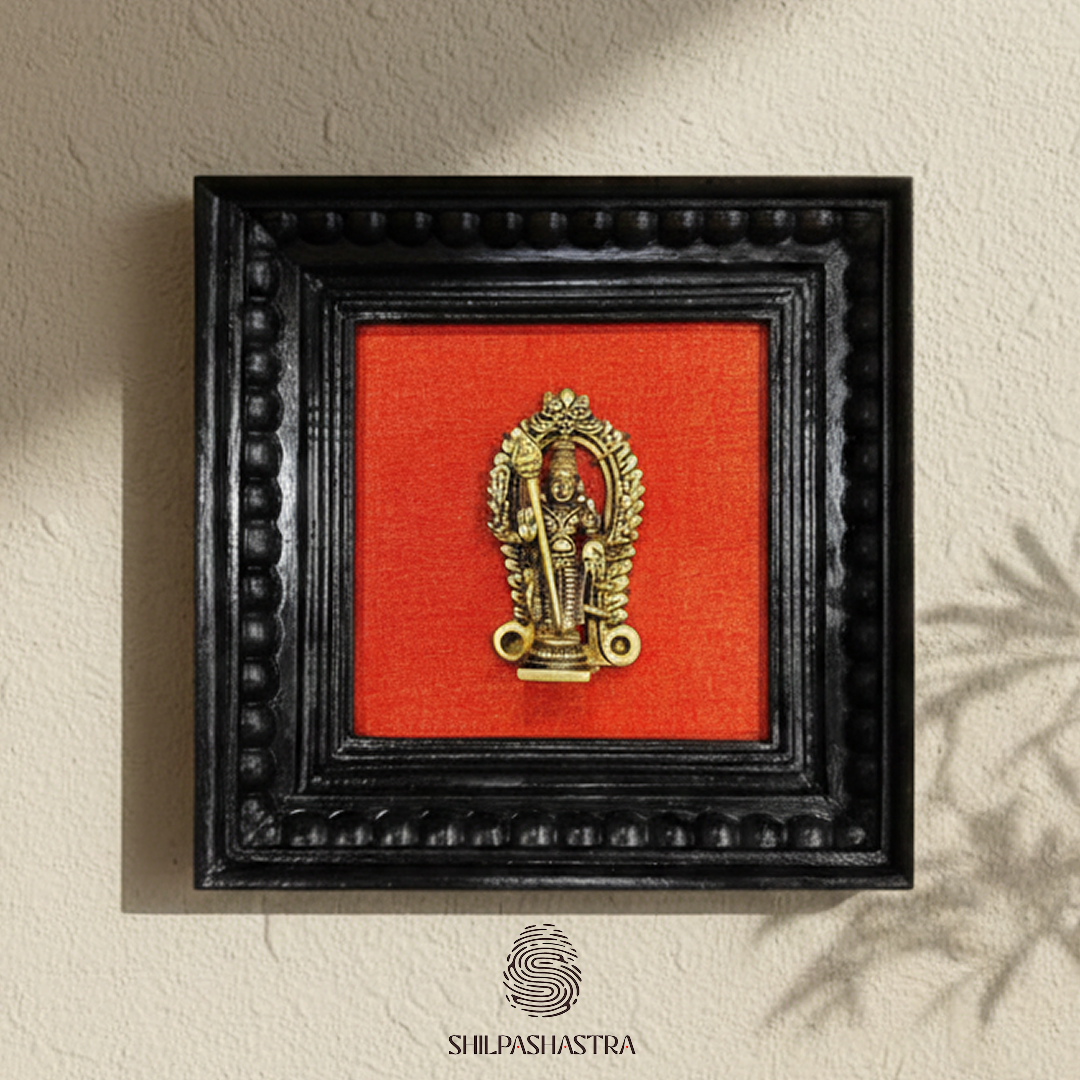 Brass Vel Murugan Idol in Premium Teakwood Frame Wall Decor for Home & Pooja Room (Size 6 In x 6 In)