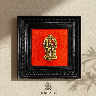 Brass Vel Murugan Idol in Premium Teakwood Frame Wall Decor for Home & Pooja Room (Size 6 In x 6 In)