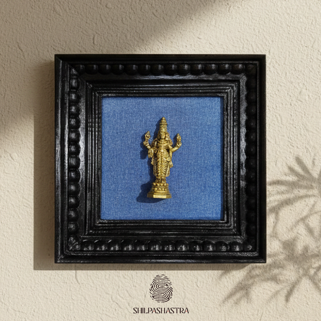 Brass Perumal (Vishnu) Idol in Premium Teakwood Frame Wall Decor for Home & Pooja Room (Size 6 In x 6 In)
