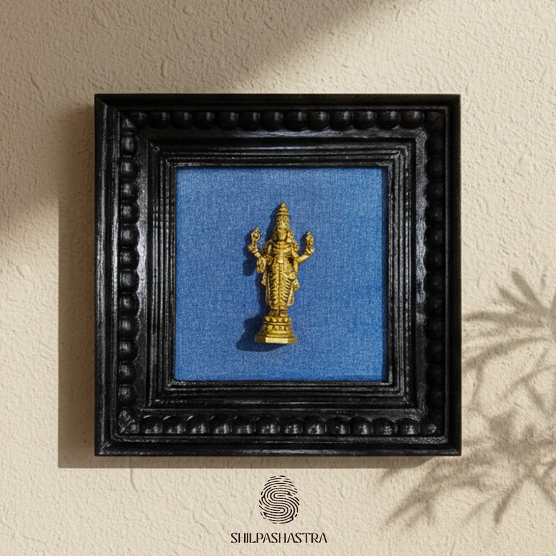 Brass Perumal (Vishnu) Idol in Premium Teakwood Frame Wall Decor for Home & Pooja Room (Size 6 In x 6 In)
