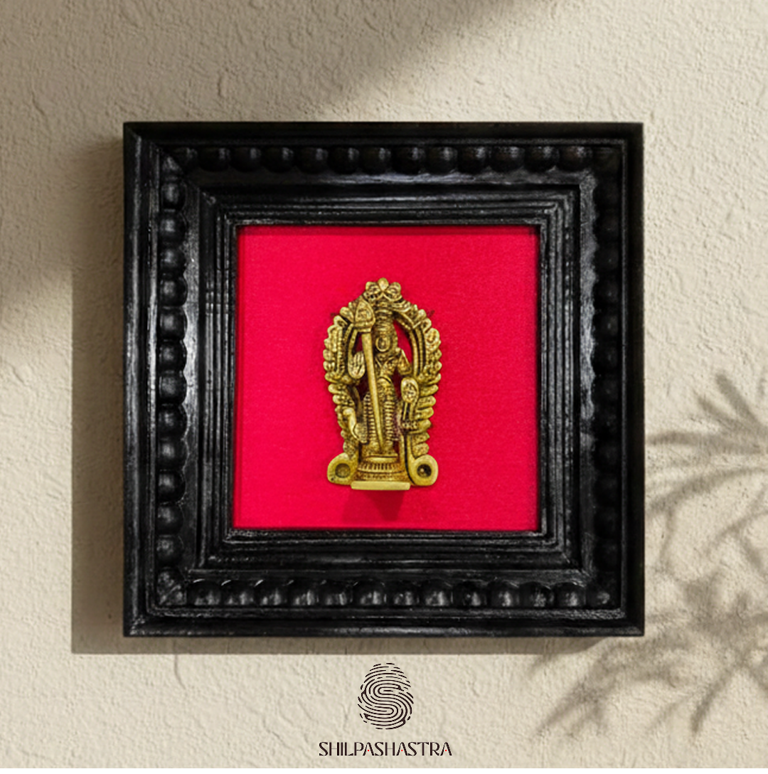 Brass Vel Murugan Idol in Premium Teakwood Frame Wall Decor for Home & Pooja Room (Size 6 In x 6 In)
