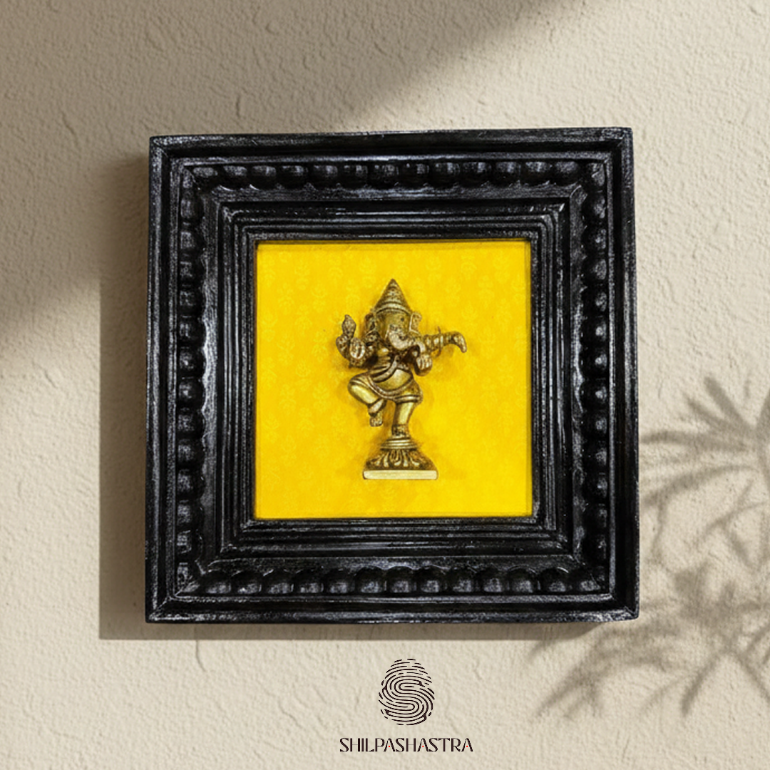 Brass Dancing Ganesha Idol in Premium Teakwood Frame Wall Decor for Home & Pooja Room (Size 10 In x 8 In)