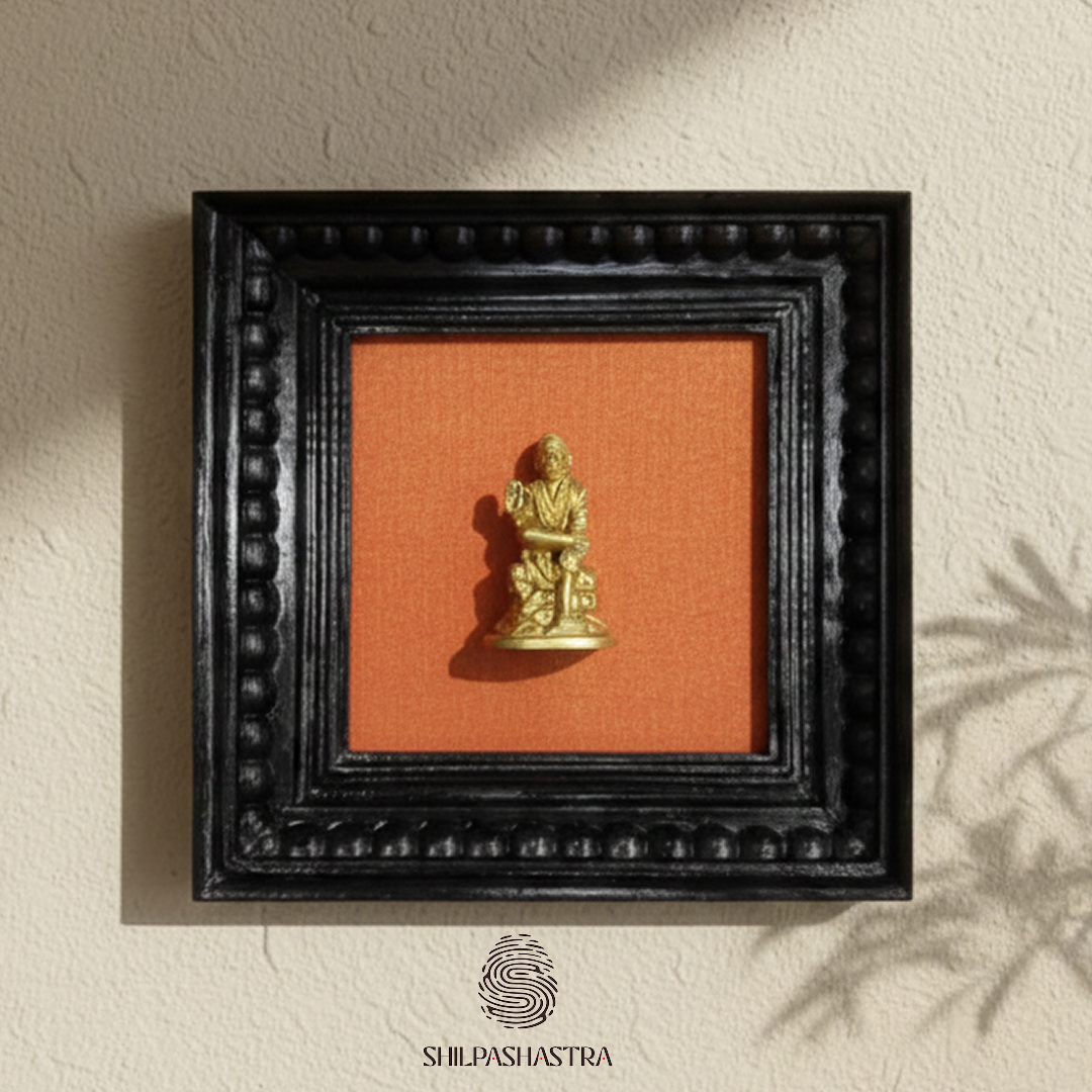 Brass Shirdi Sai Baba Idol in Premium Teakwood Frame Wall Decor for Home & Pooja Room (Size 6 In x 6 In)