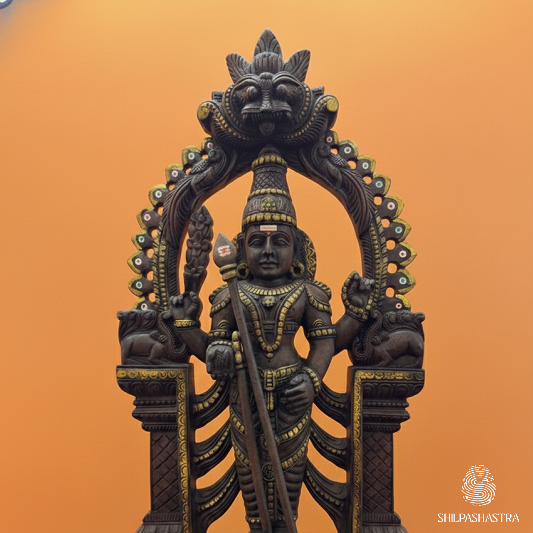 Lord Murugan Hand-Carved Idol in Aged Vaagai Wood - 2 Feet