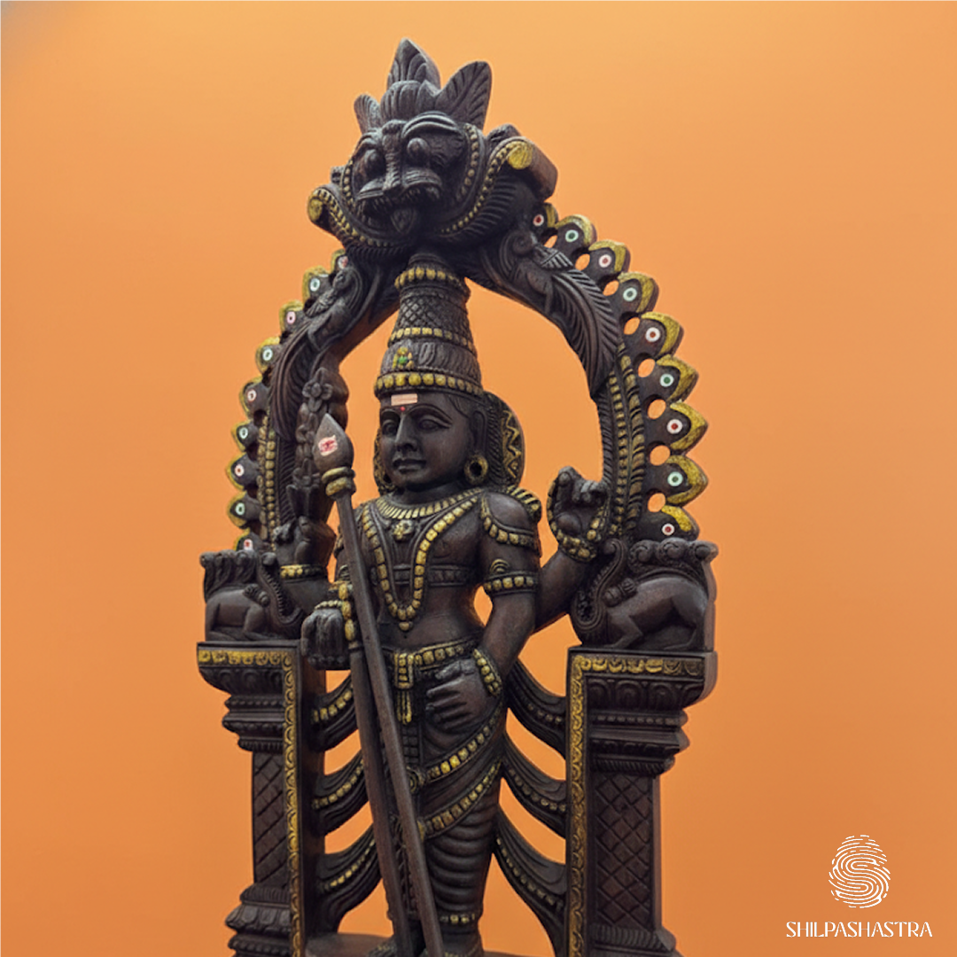 Lord Murugan Hand-Carved Idol in Aged Vaagai Wood - 2 Feet