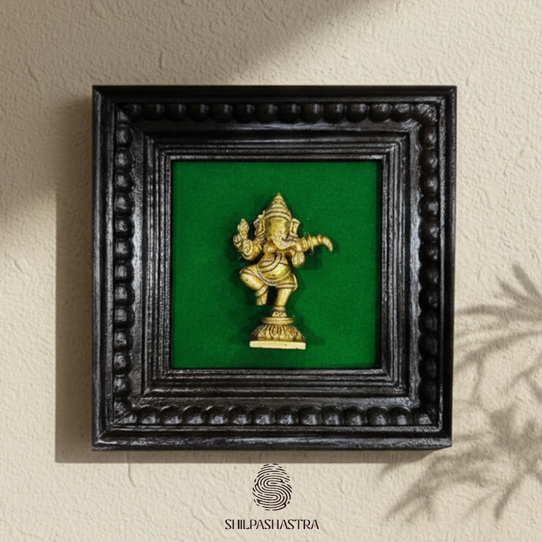 Brass Dancing Ganesha Idol in Premium Teakwood Frame Wall Decor for Home & Pooja Room (Size 10 In x 8 In)