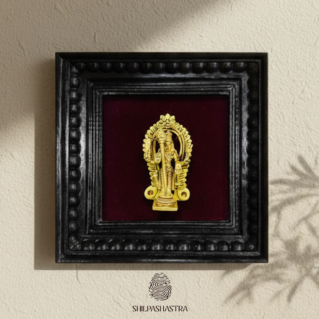 Brass Vel Murugan Idol in Premium Teakwood Frame Wall Decor for Home & Pooja Room (Size 6 In x 6 In)