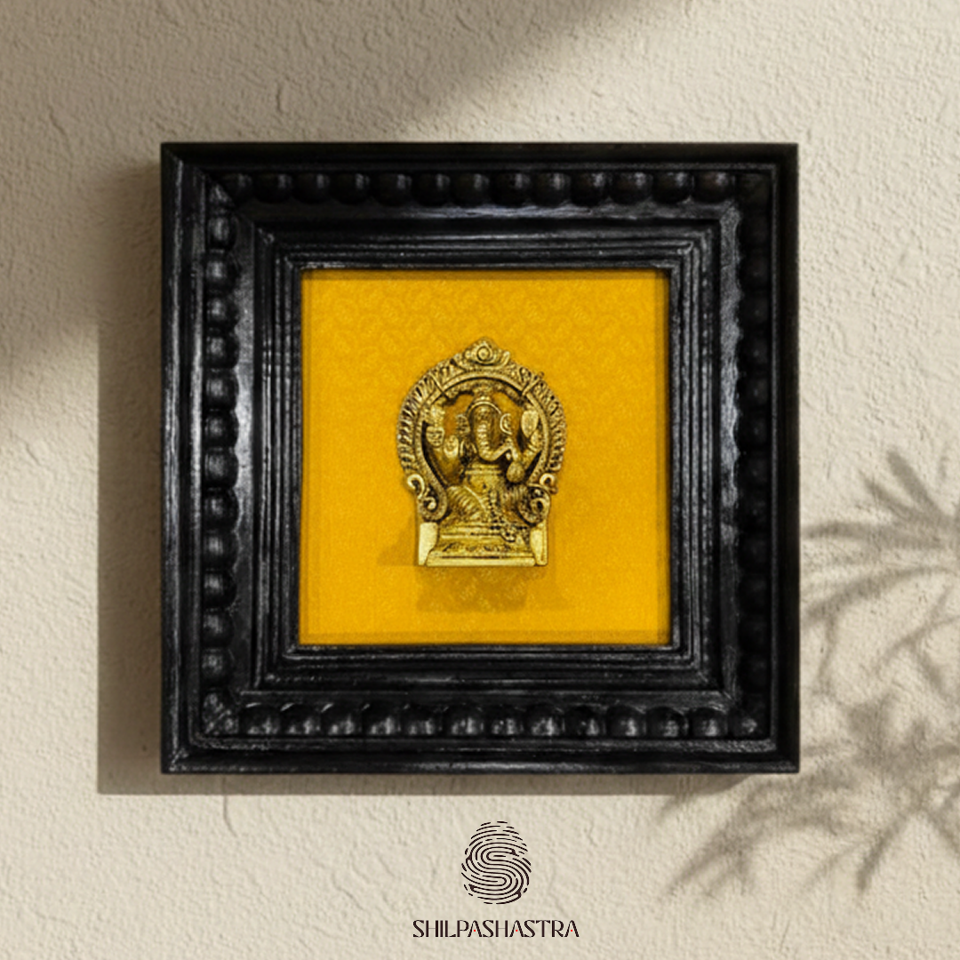 Brass Ganesha Idol in Premium Teakwood Frame Wall Decor for Home & Pooja Room (Size 6 In x 6 In)